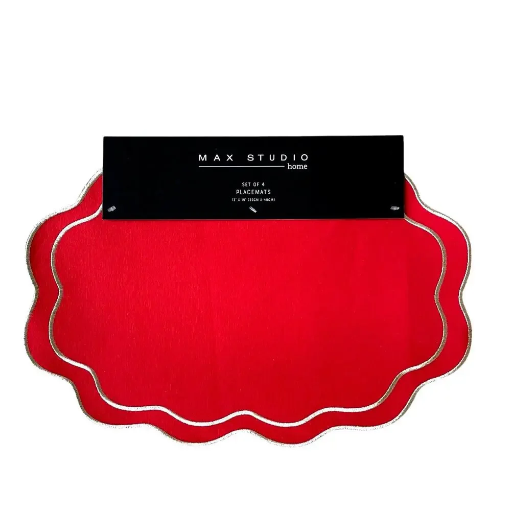 Max Studio Embroidered Cotton Placemats 13x19 Red & Gold Scalloped Set of 4 NEW
